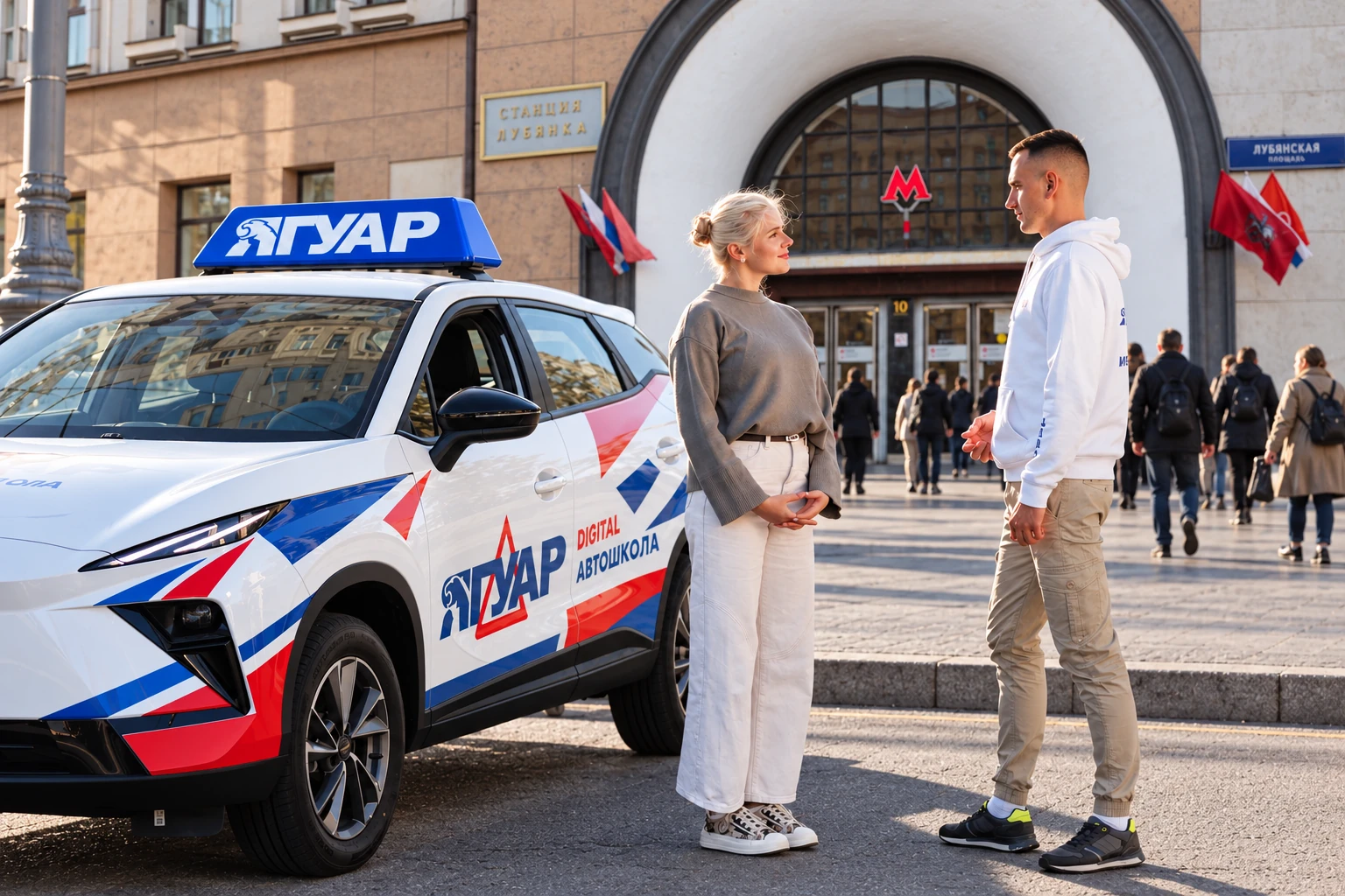 Ученица встречается с инструктором у метро Лубянка