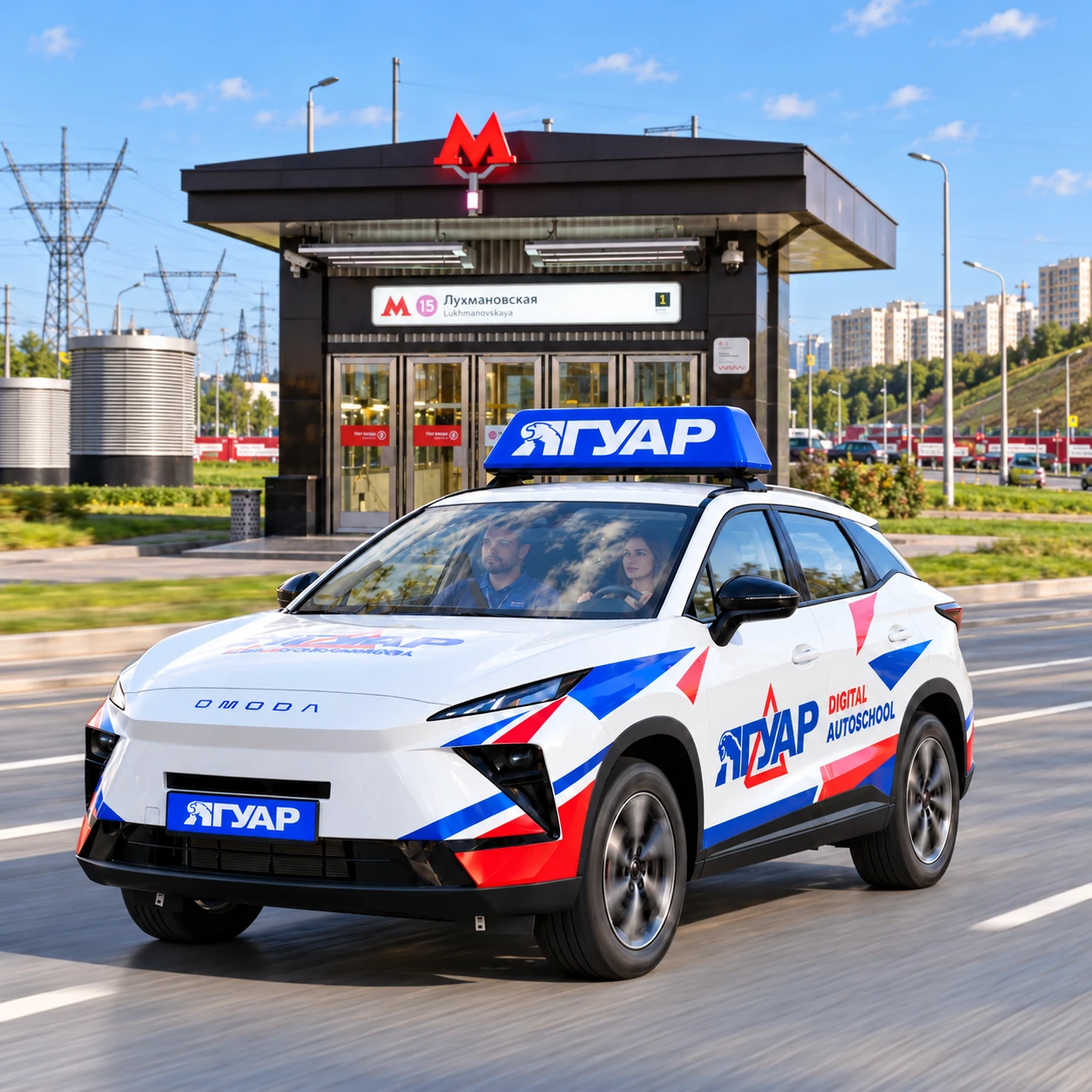 Учебный автомобиль «Ягуар» в движении рядом с метро Лухмановская