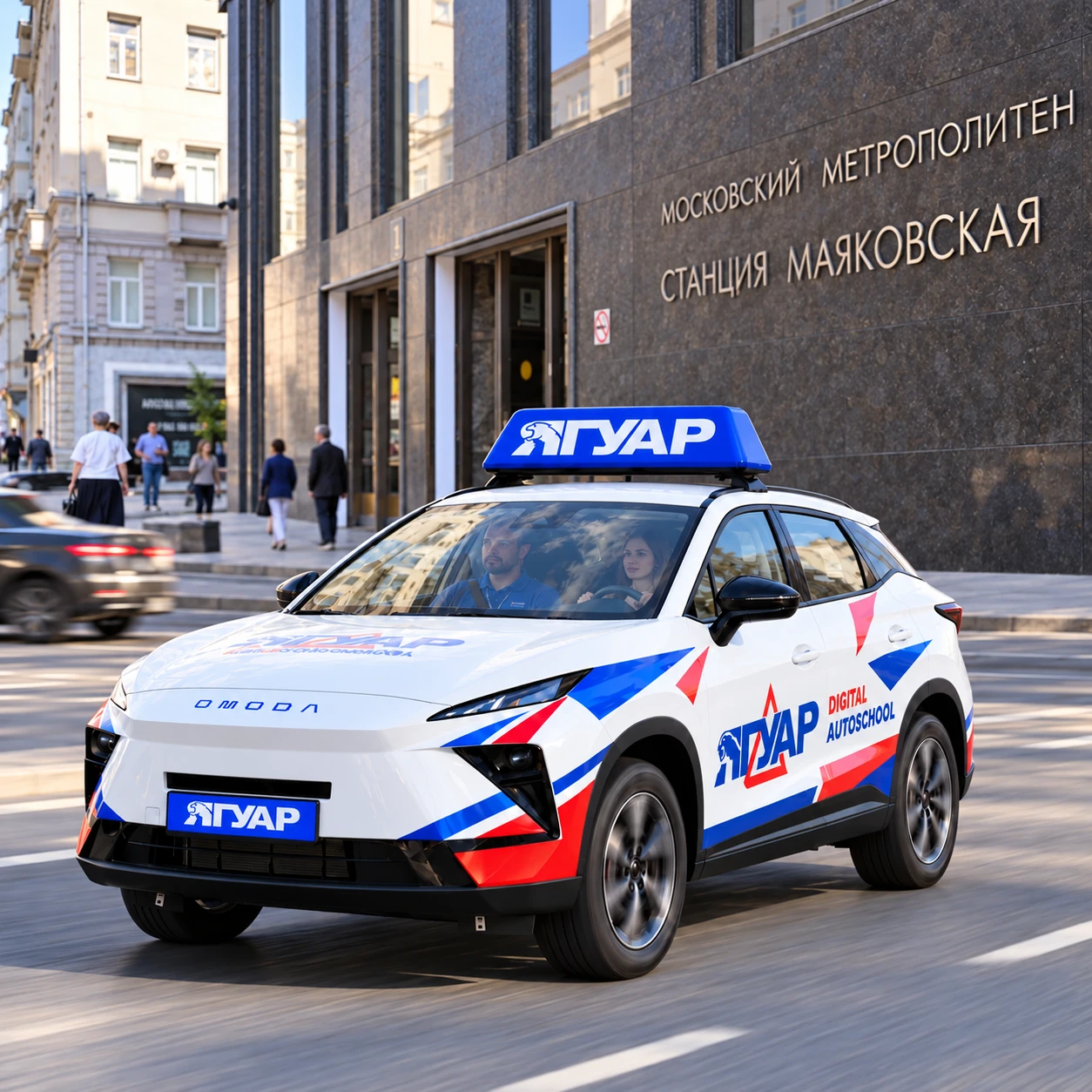 Учебный автомобиль «Ягуар» в движении рядом с метро Маяковская