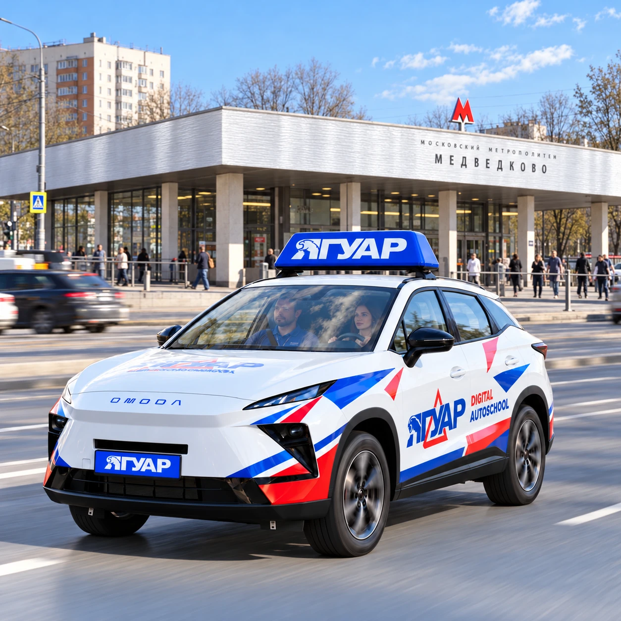 Учебный автомобиль «Ягуар» в движении рядом с метро Медведково