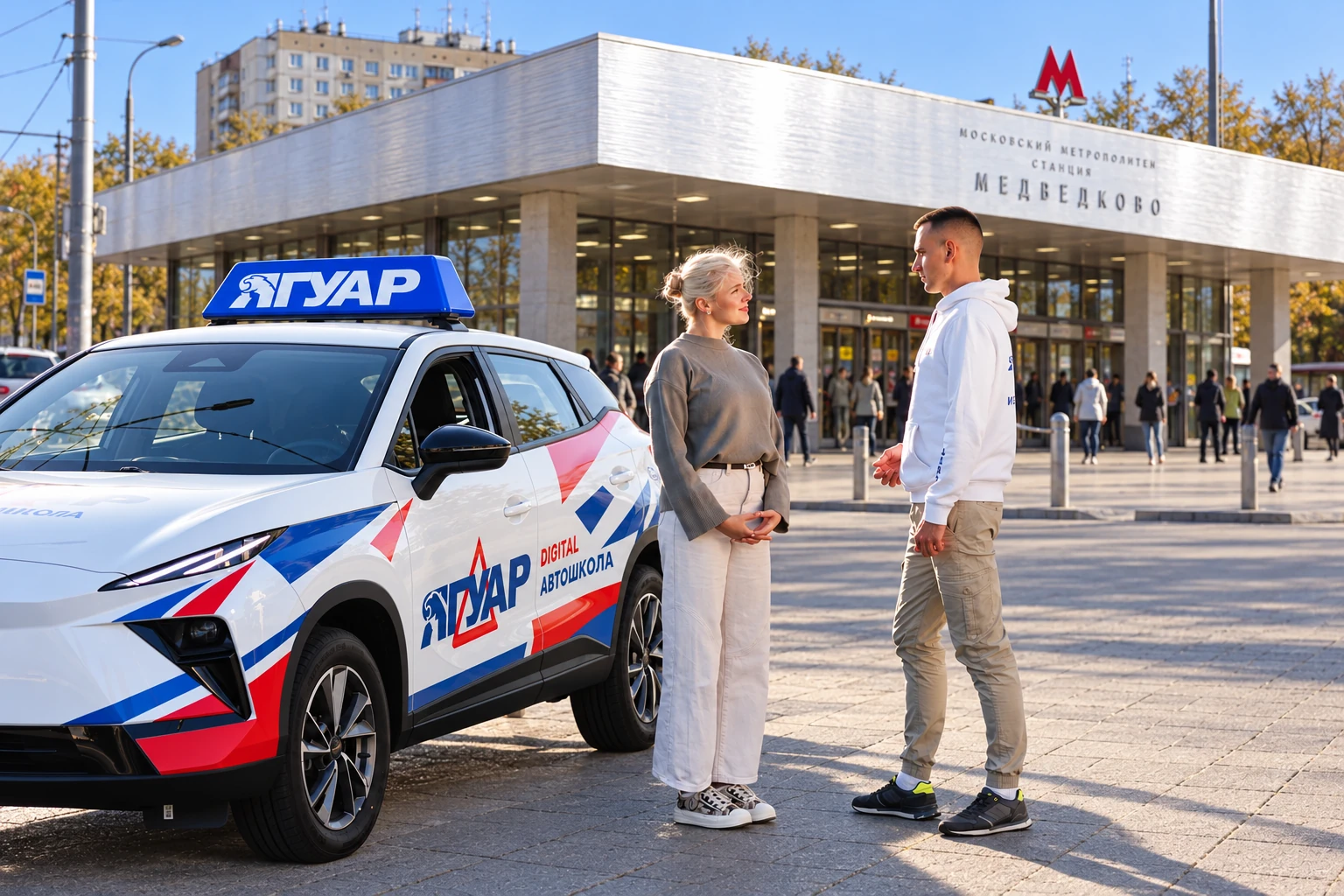 Ученица встречается с инструктором у метро Медведково