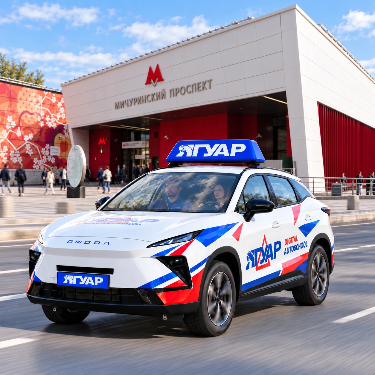 Учебный автомобиль «Ягуар» в движении рядом с метро Мичуринский проспект