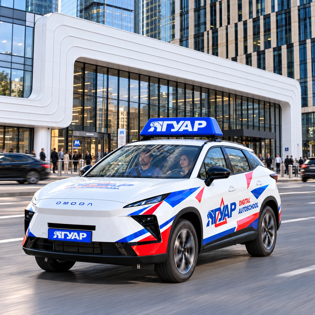 Учебный автомобиль «Ягуар» в движении рядом с метро Москва-Сити