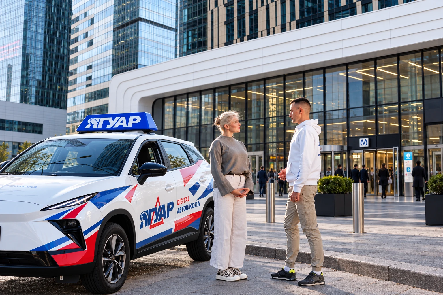 Ученица встречается с инструктором у метро Москва-Сити