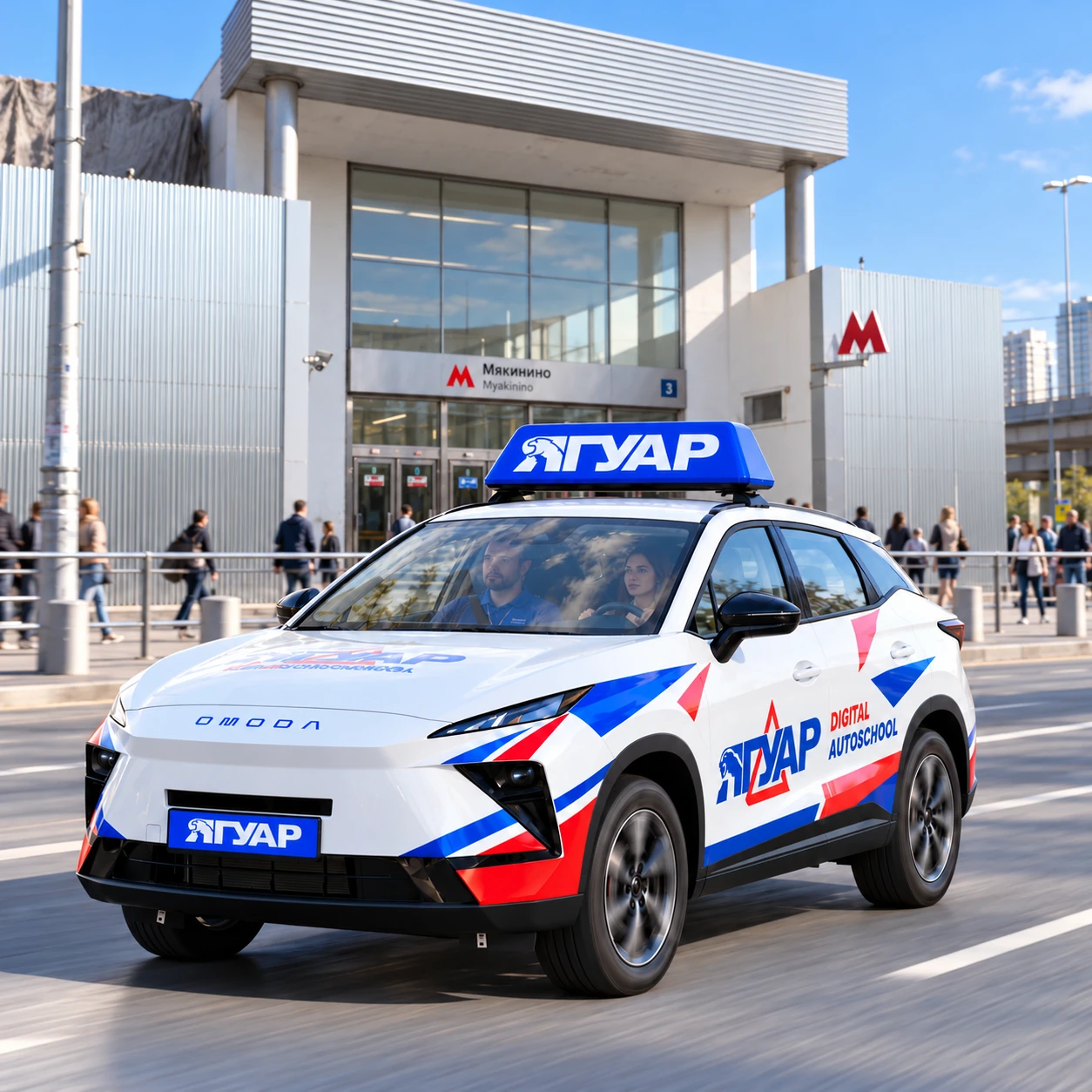 Учебный автомобиль «Ягуар» в движении рядом с метро Мякинино