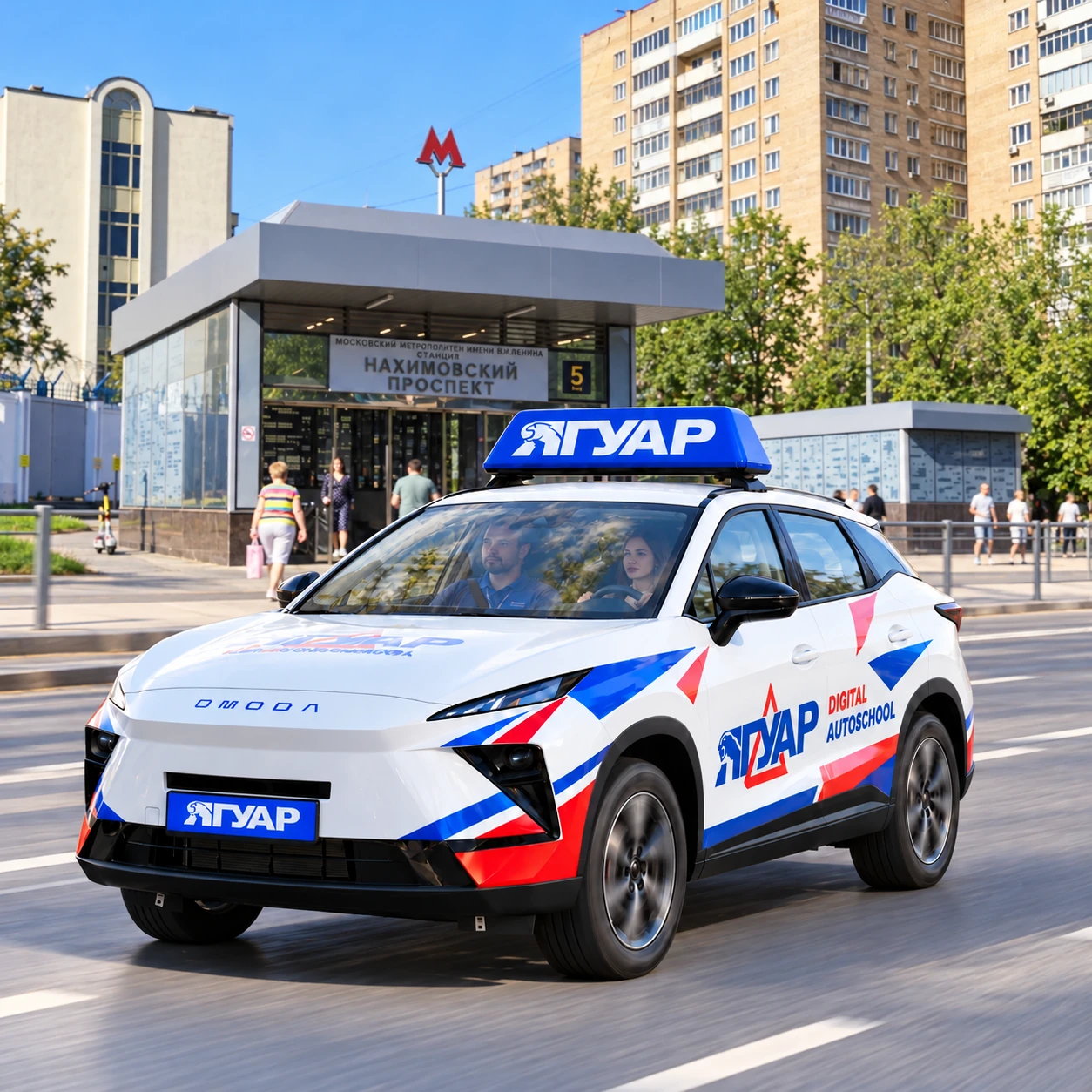 Учебный автомобиль «Ягуар» в движении рядом с метро Нахимовский проспект
