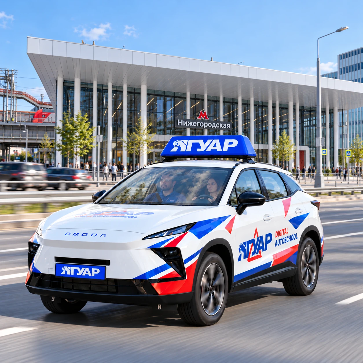 Учебный автомобиль «Ягуар» в движении рядом с метро Нижегородская