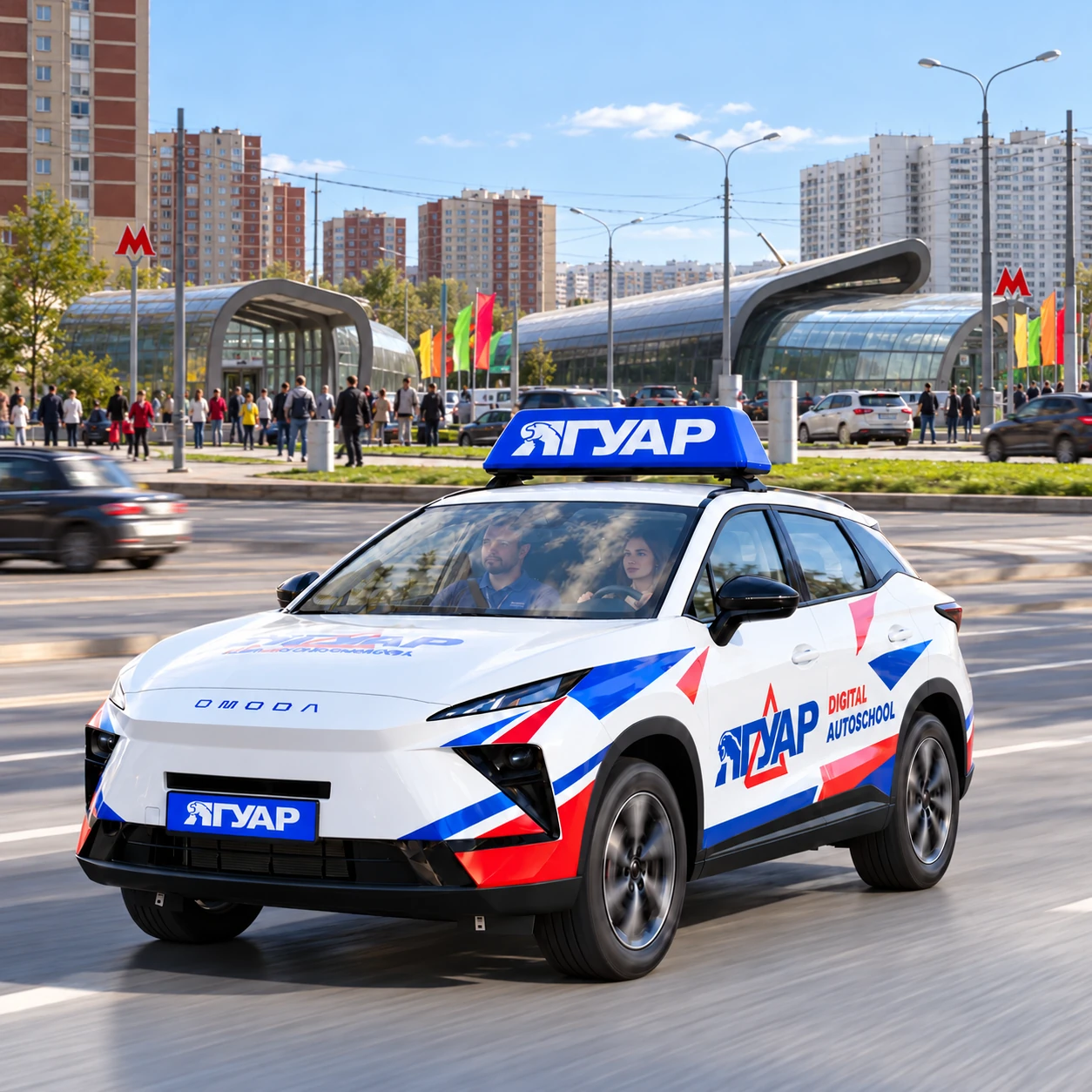 Учебный автомобиль «Ягуар» в движении рядом с метро Новокосино