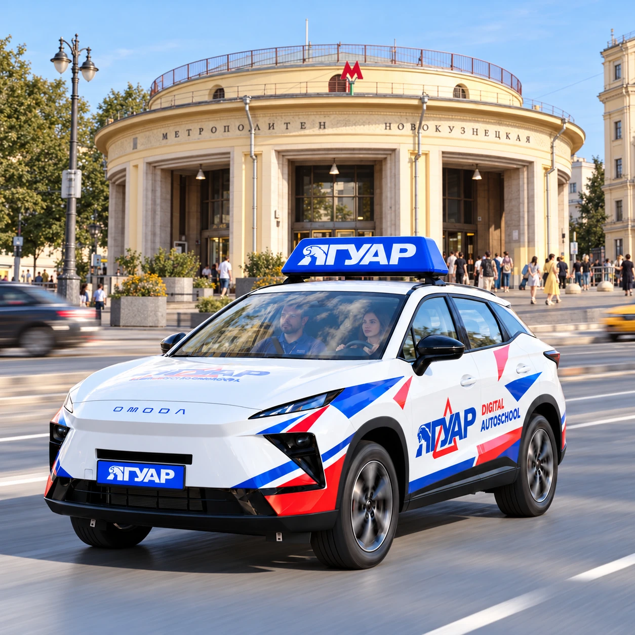 Учебный автомобиль «Ягуар» в движении рядом с метро Новокузнецкая