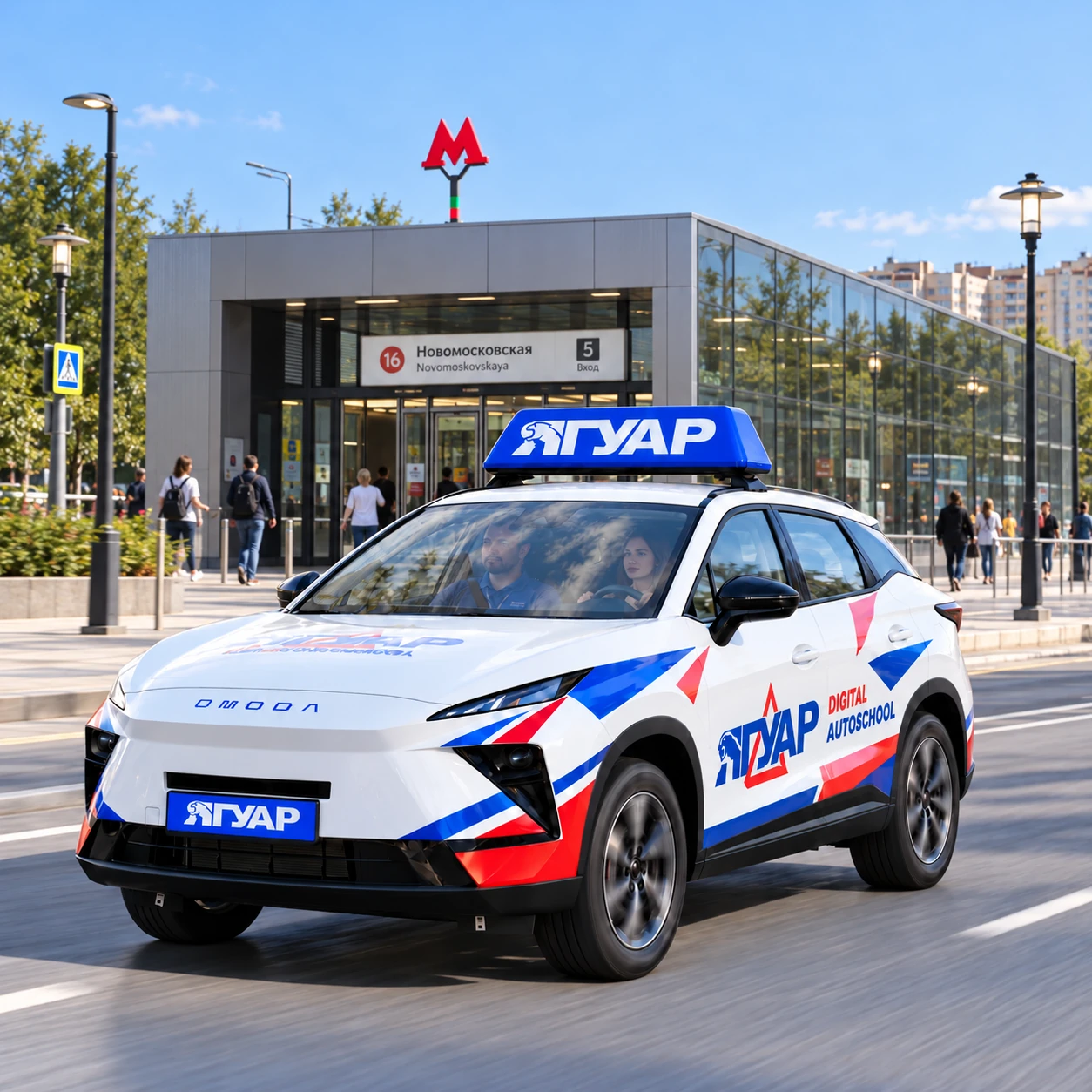 Учебный автомобиль «Ягуар» в движении рядом с метро Новомосковская