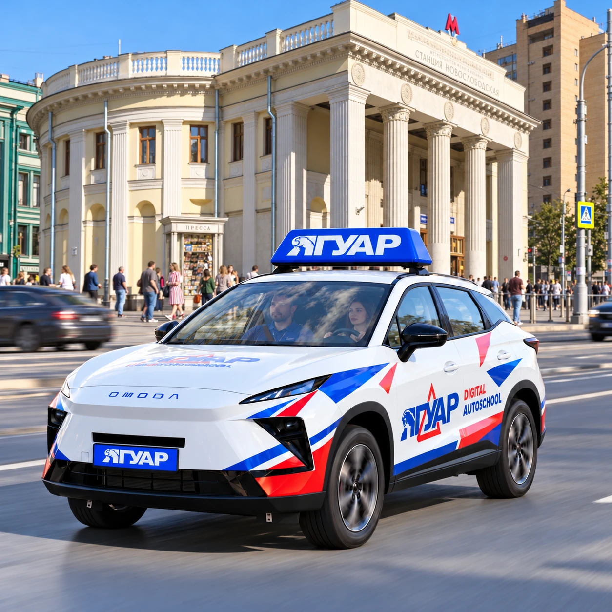 Учебный автомобиль «Ягуар» в движении рядом с метро Новослободская