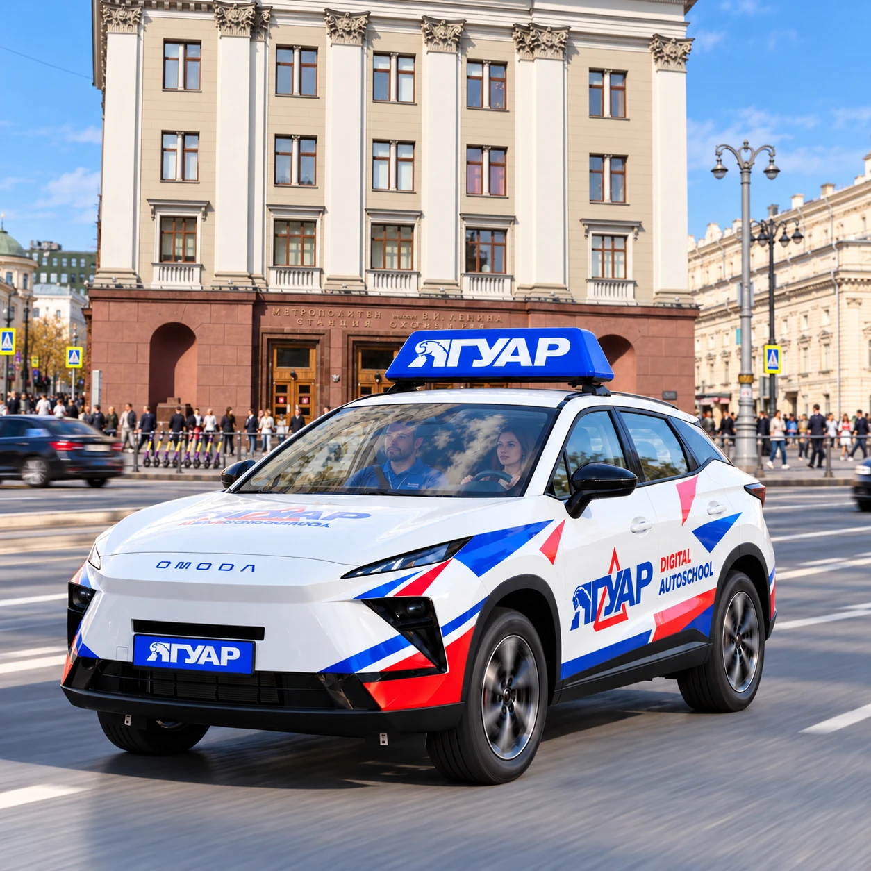 Учебный автомобиль «Ягуар» в движении рядом с метро Охотный ряд