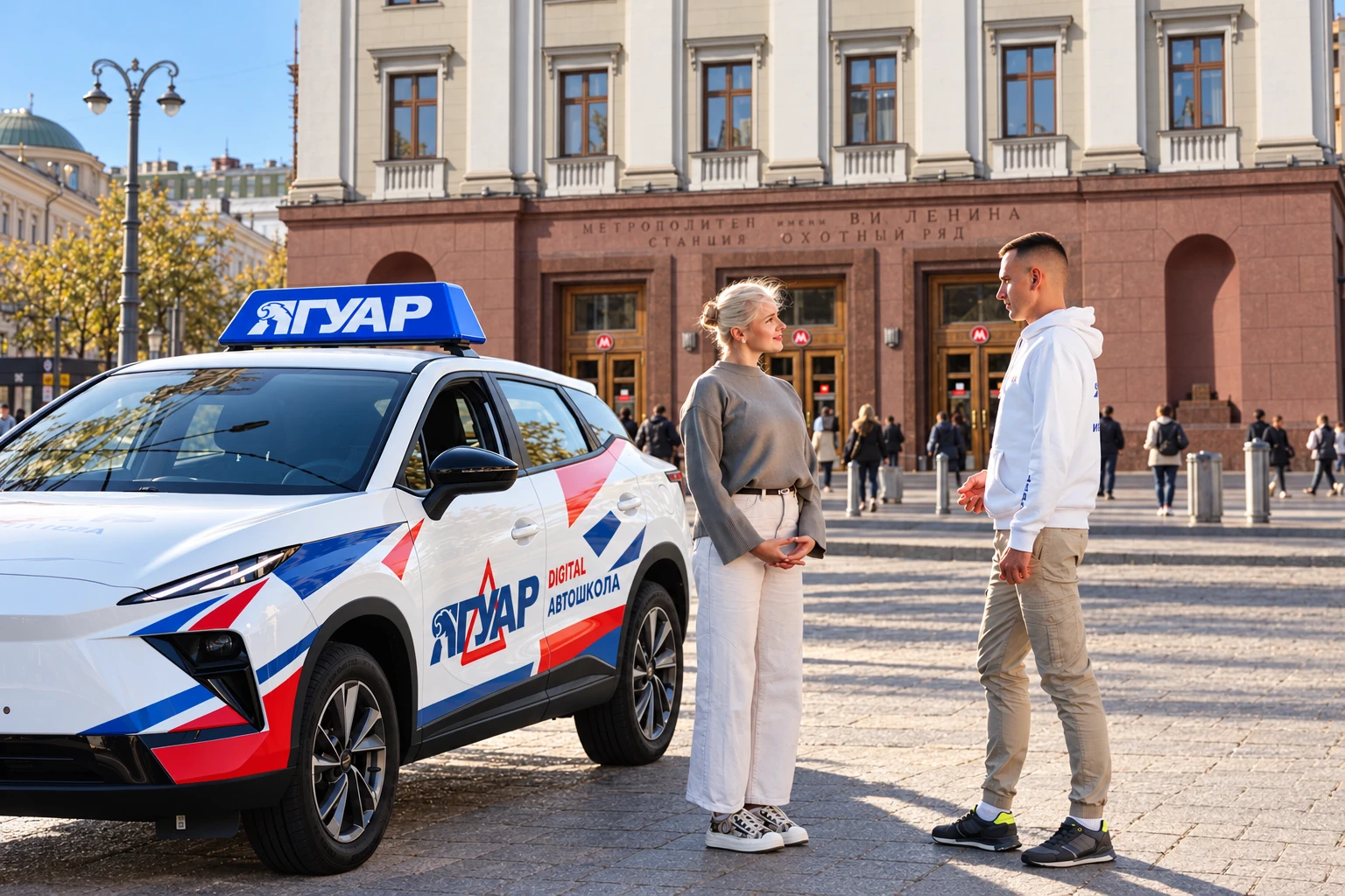 Ученица встречается с инструктором у метро Охотный ряд