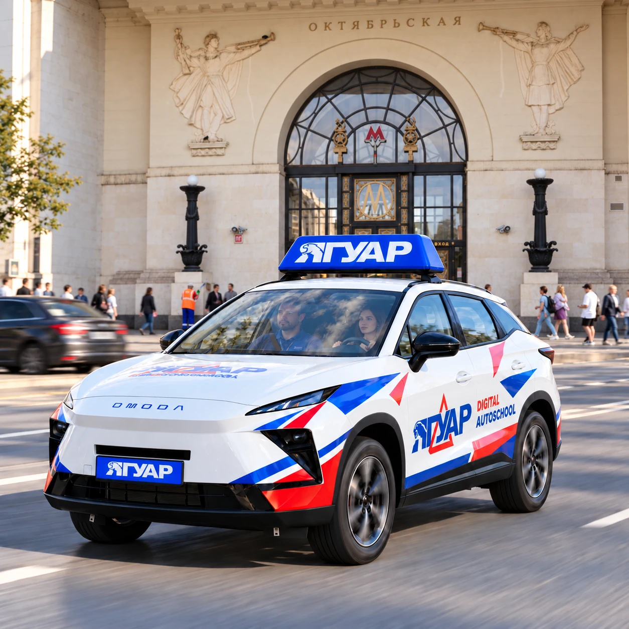 Учебный автомобиль «Ягуар» в движении рядом с метро Октябрьская