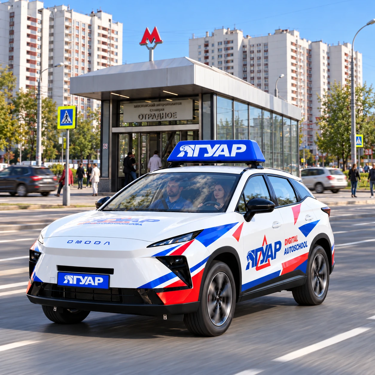 Учебный автомобиль «Ягуар» в движении рядом с метро Отрадное