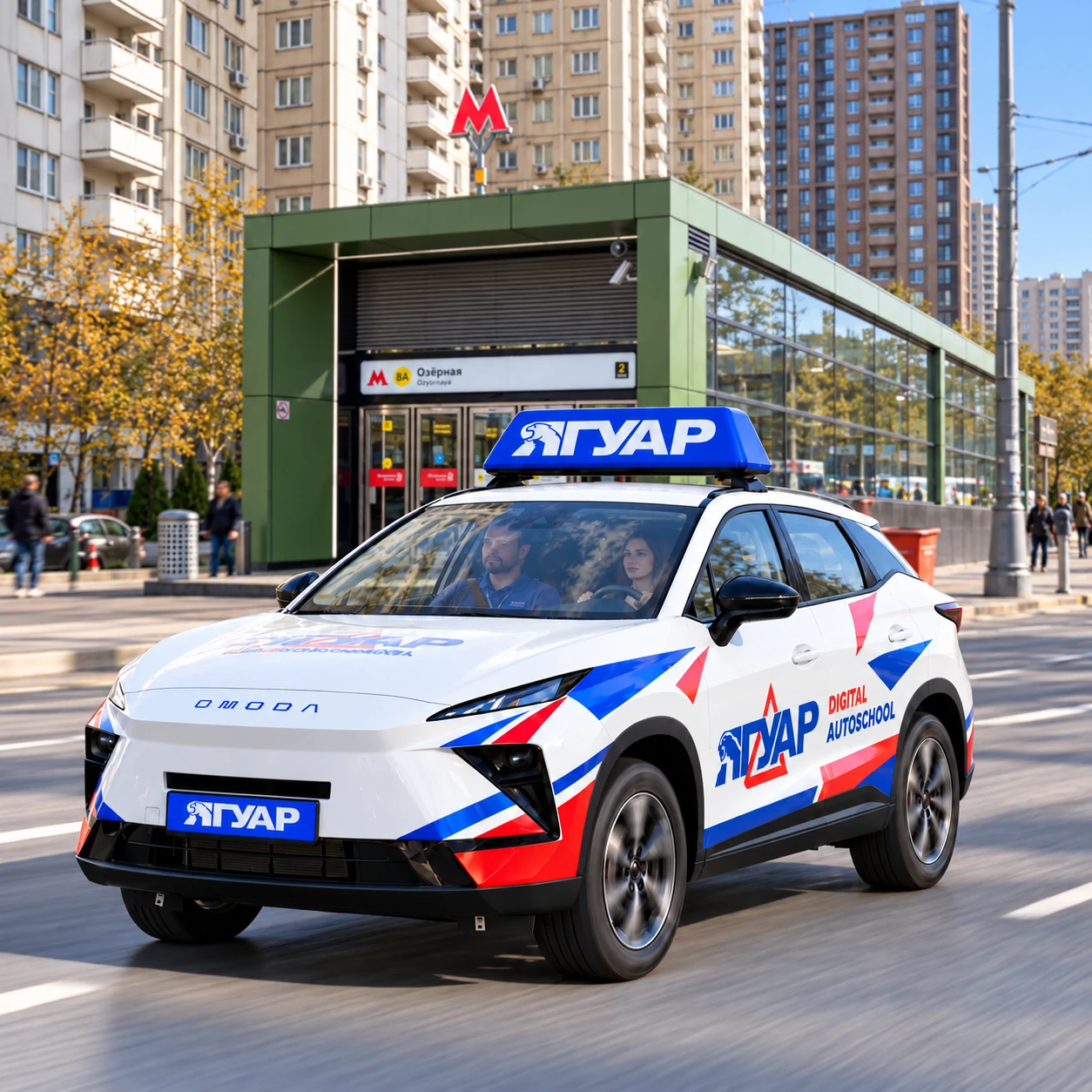 Учебный автомобиль «Ягуар» в движении рядом с метро Озёрная