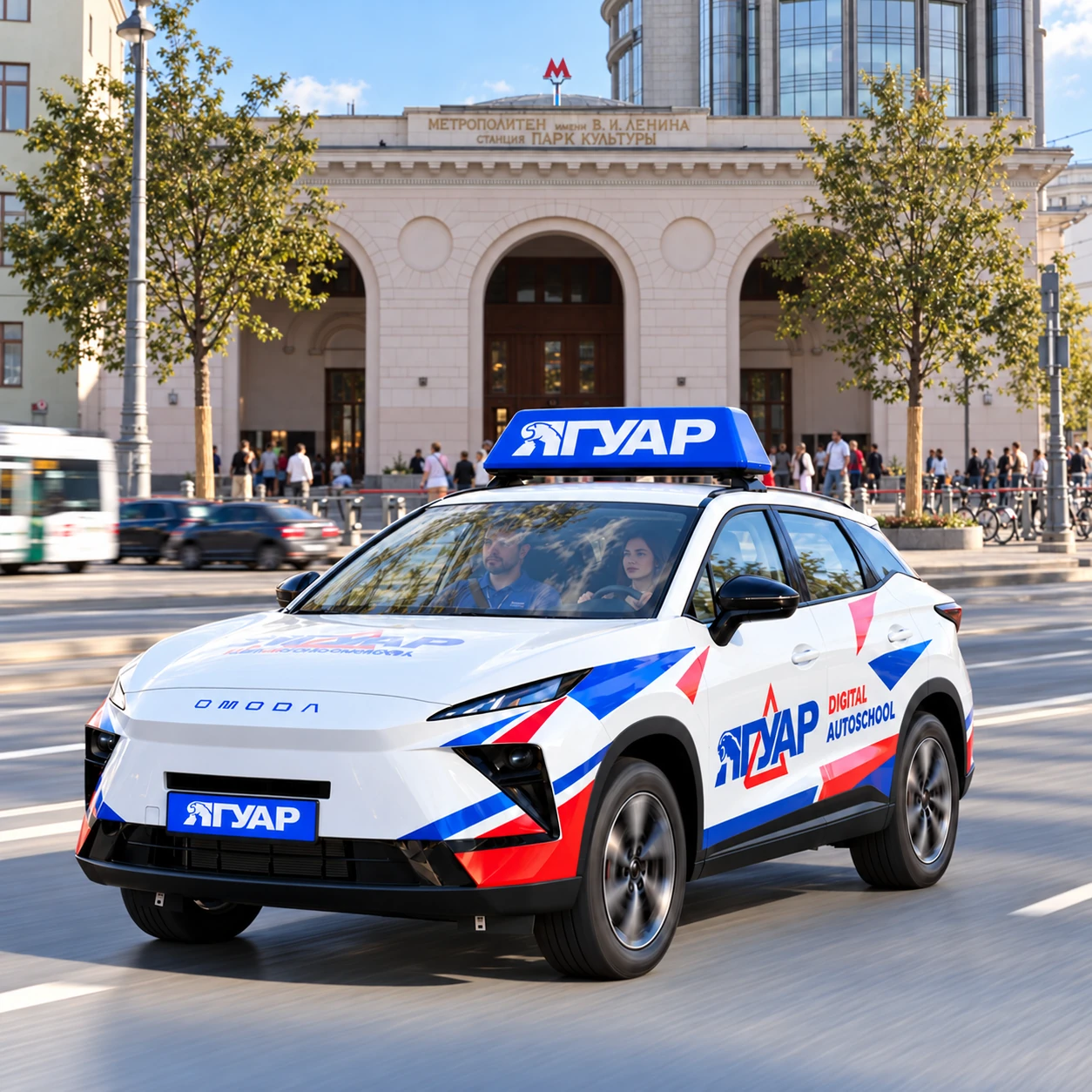 Учебный автомобиль «Ягуар» в движении рядом с метро Парк культуры