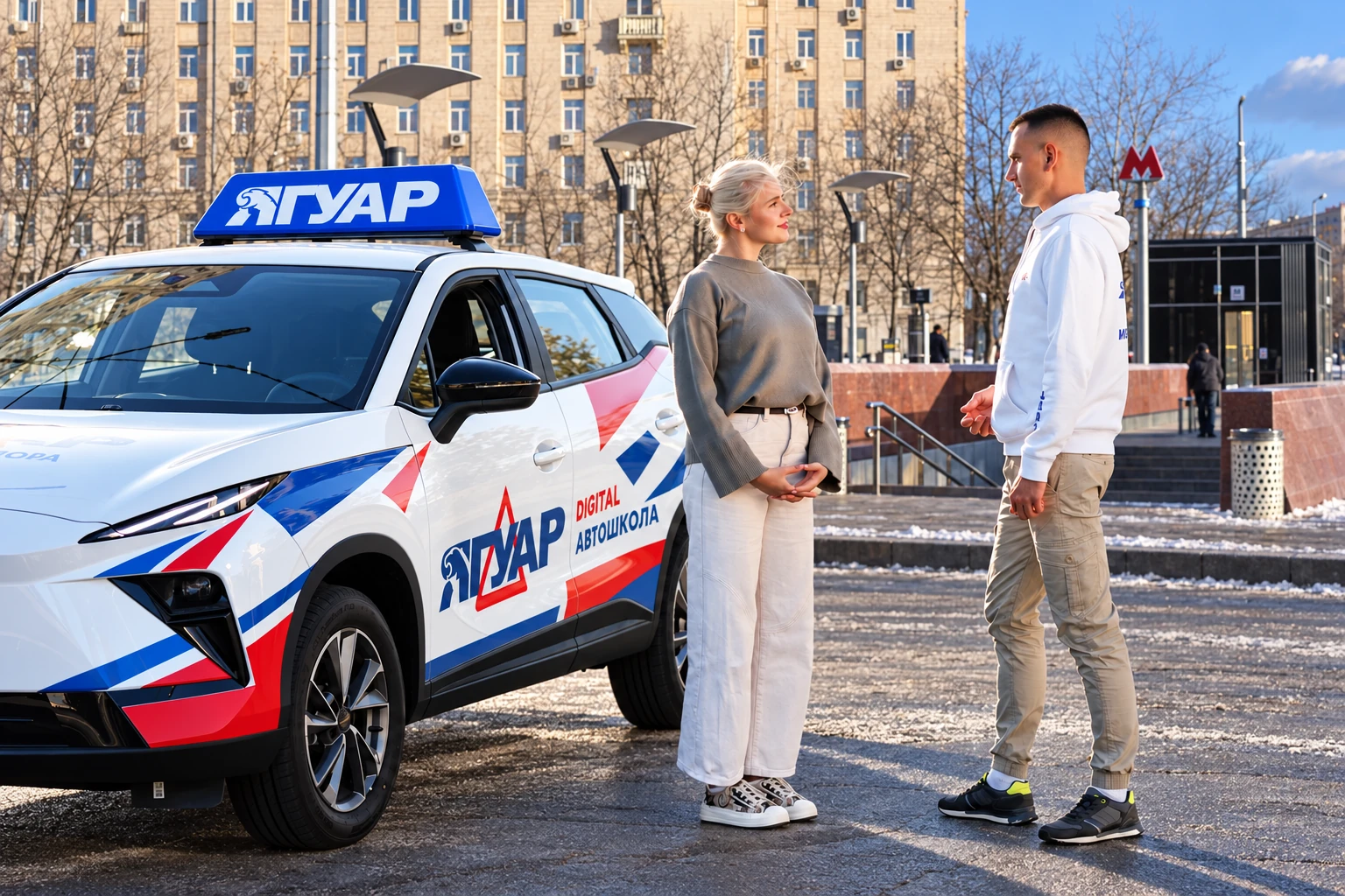 Ученица встречается с инструктором у метро Парк Победы