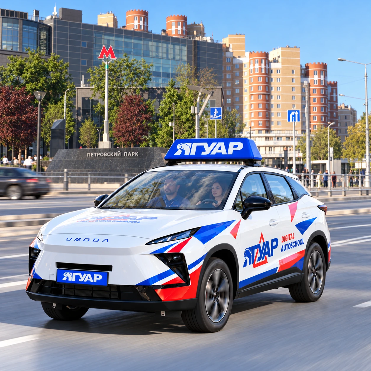 Учебный автомобиль «Ягуар» в движении рядом с метро Петровский парк