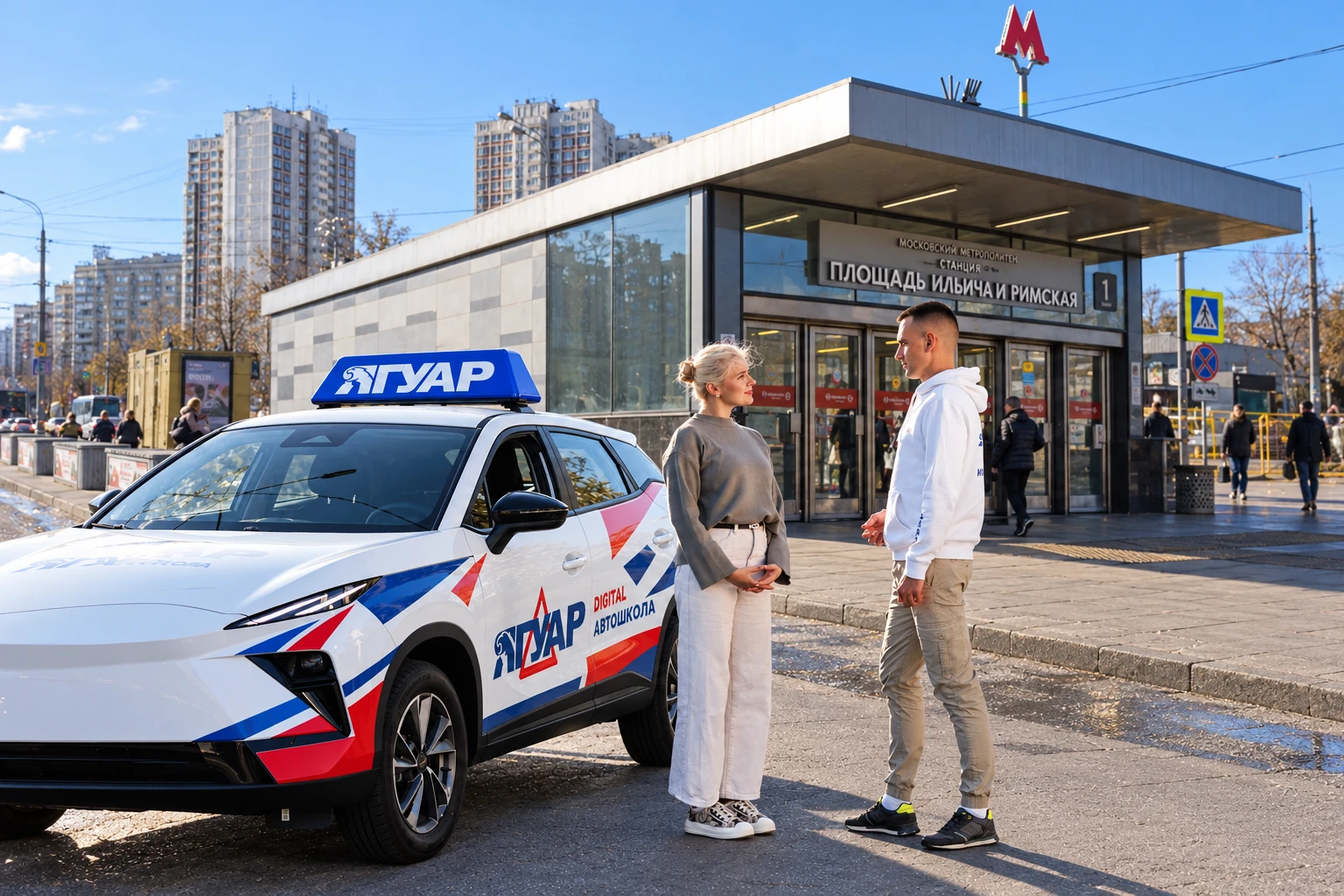 Ученица встречается с инструктором у метро Площадь Ильича