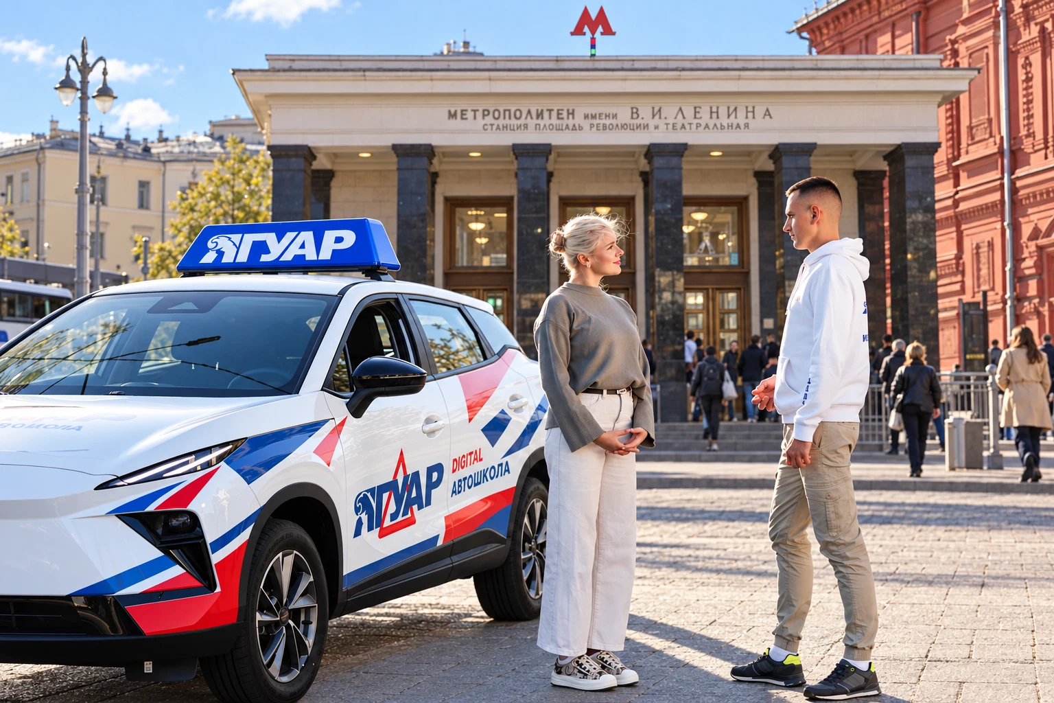 Ученица встречается с инструктором у метро Площадь Революции