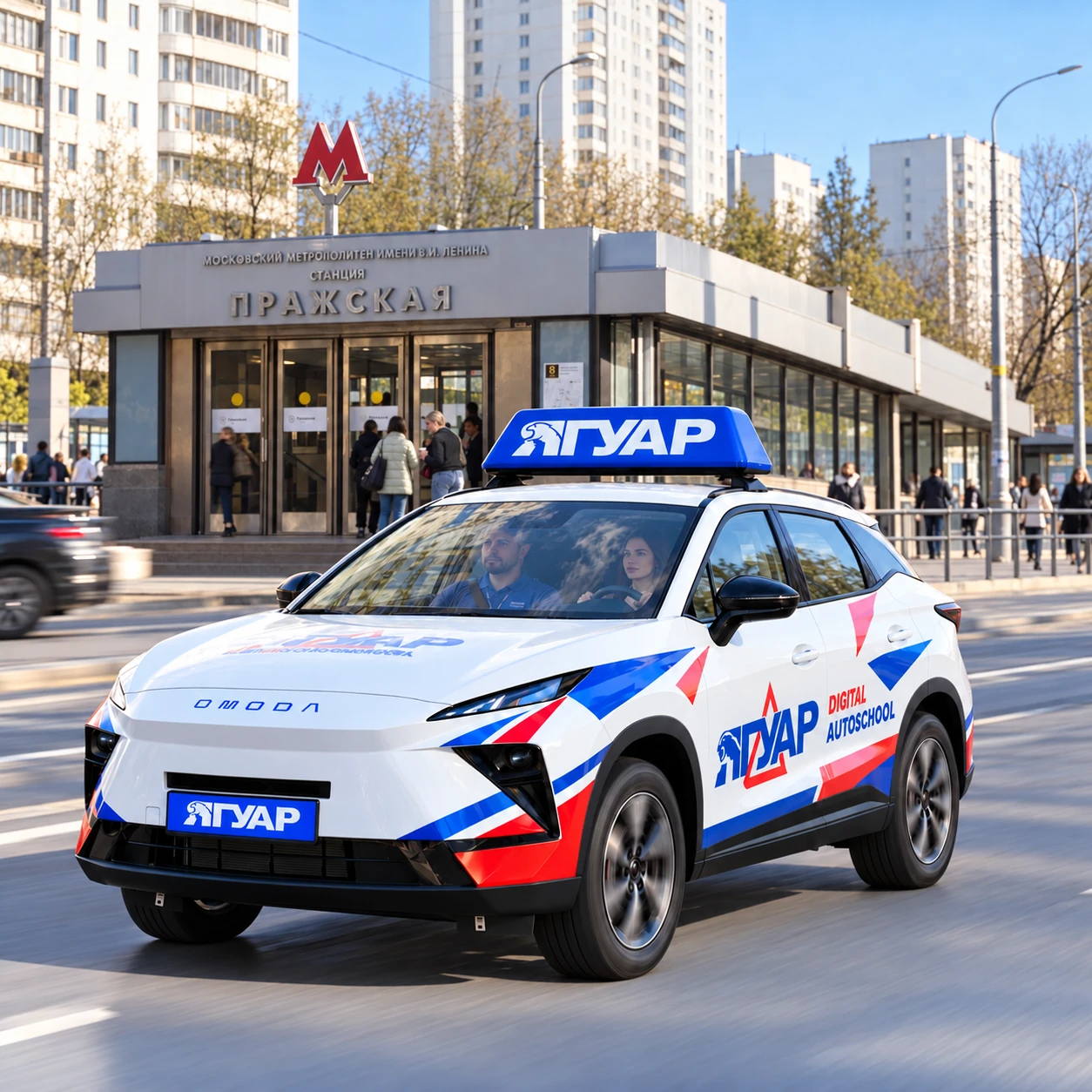 Учебный автомобиль «Ягуар» в движении рядом с метро Пражская