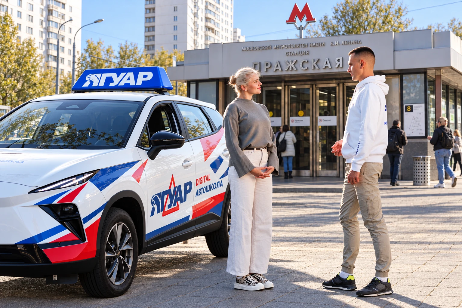 Ученица встречается с инструктором у метро Пражская