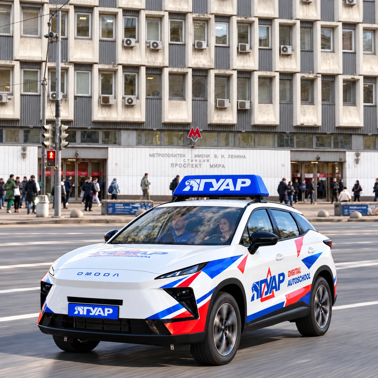 Учебный автомобиль «Ягуар» в движении рядом с метро Проспект Мира