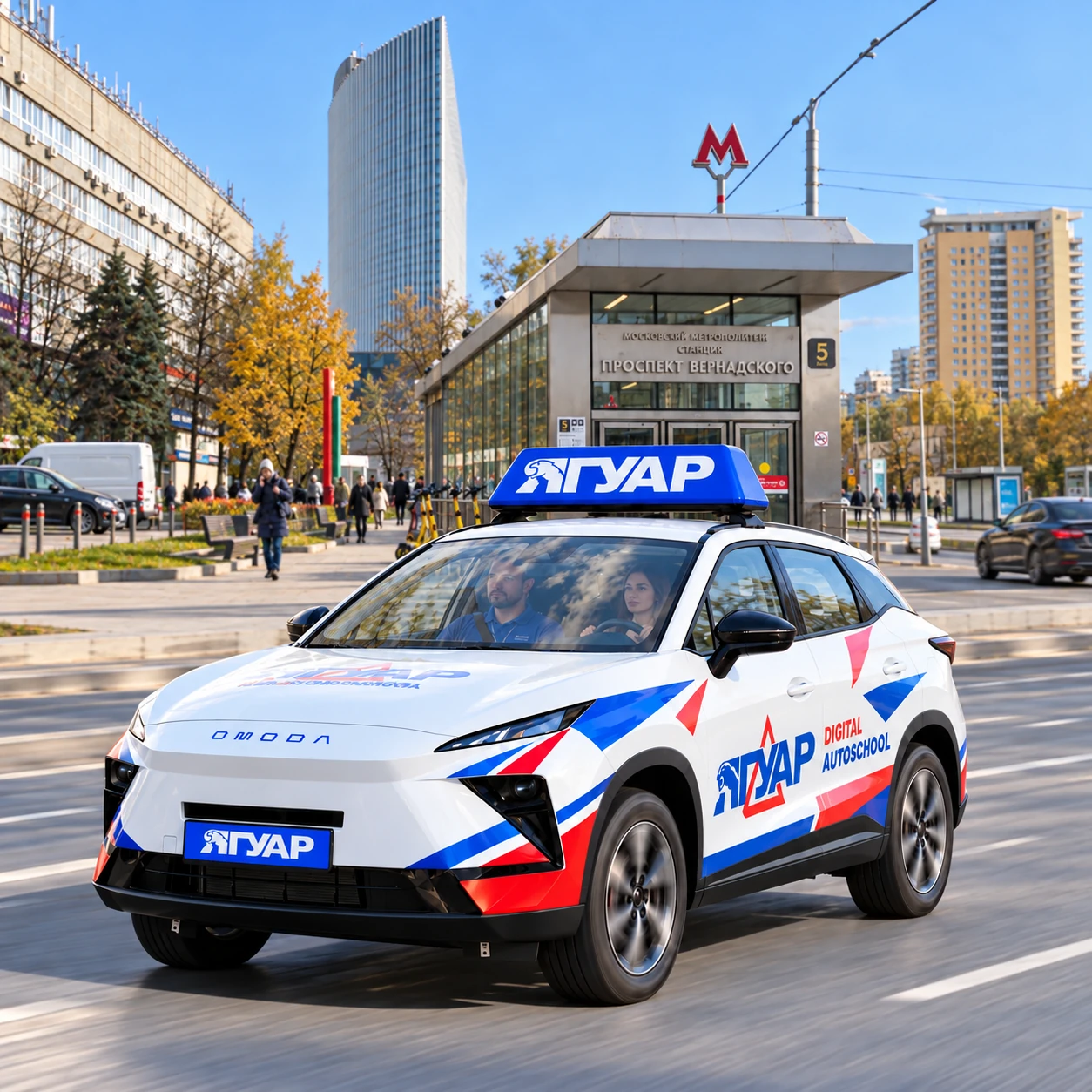 Учебный автомобиль «Ягуар» в движении рядом с метро Проспект Вернадского