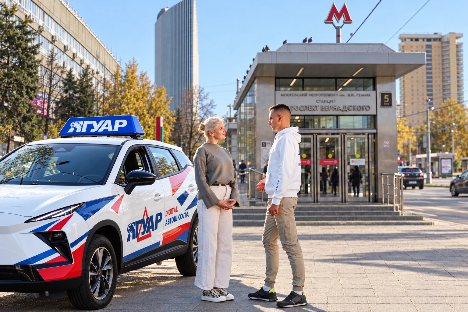 Ученица встречается с инструктором у метро Проспект Вернадского