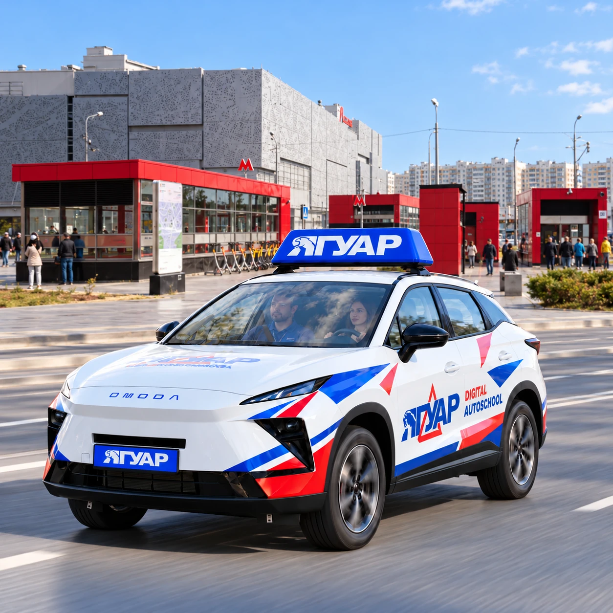 Учебный автомобиль «Ягуар» в движении рядом с метро Рассказовка