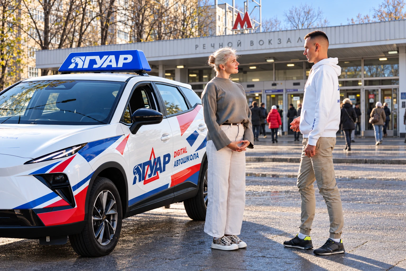 Ученица встречается с инструктором у метро Речной вокзал