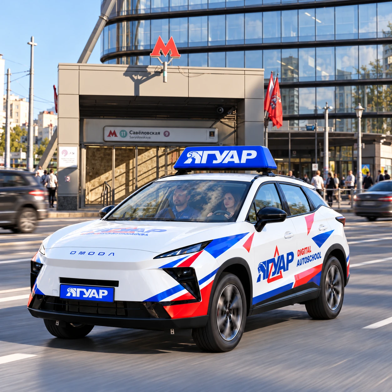 Учебный автомобиль «Ягуар» в движении рядом с метро Савёловская