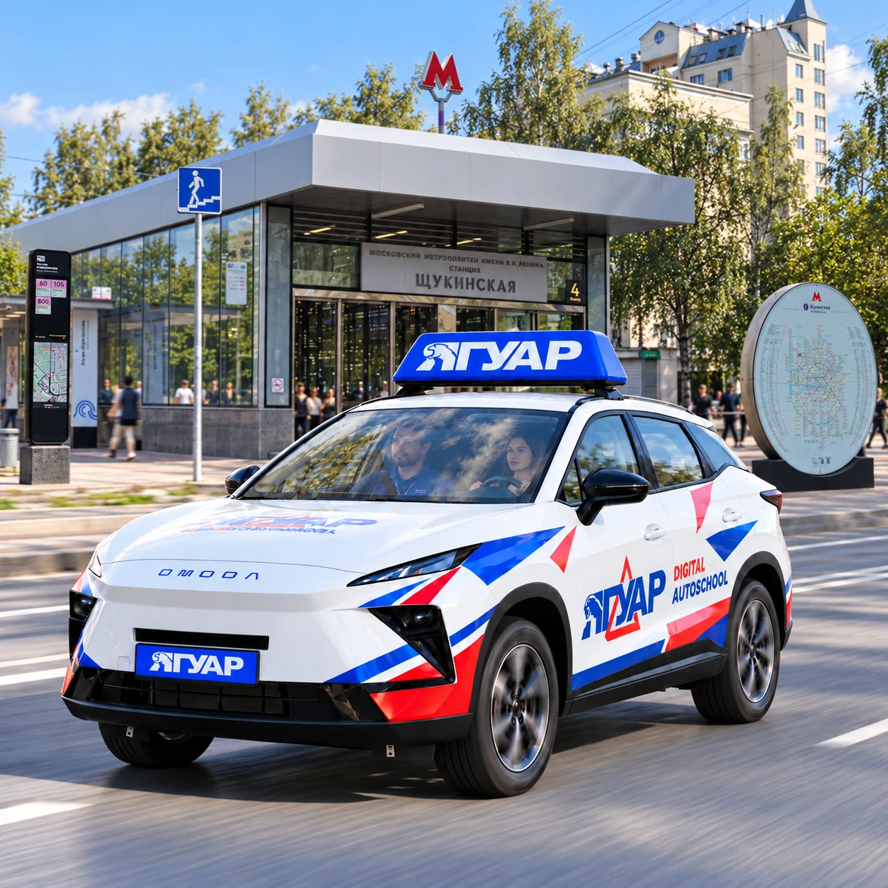 Учебный автомобиль «Ягуар» в движении рядом с метро Щукинская