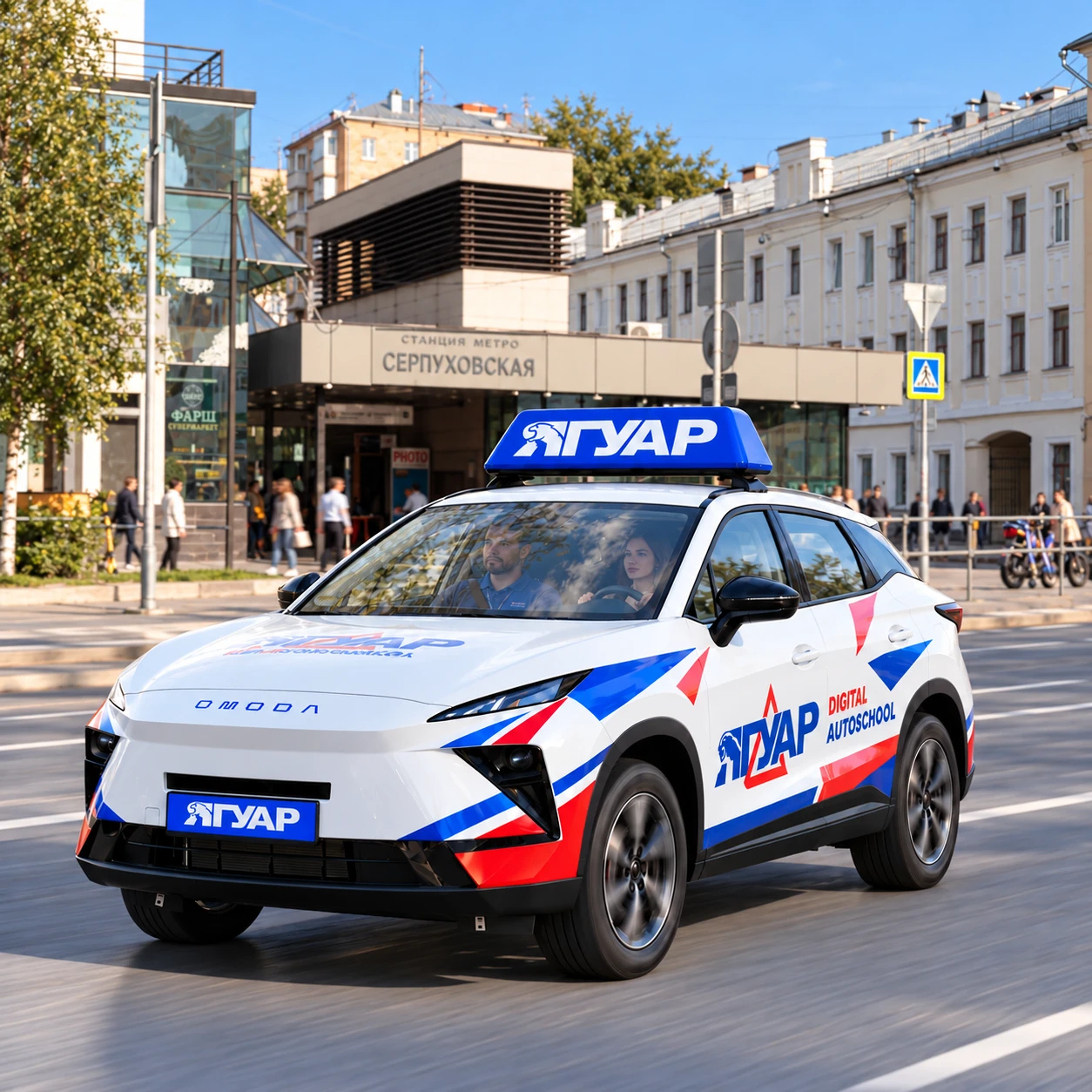 Учебный автомобиль «Ягуар» в движении рядом с метро Серпуховская