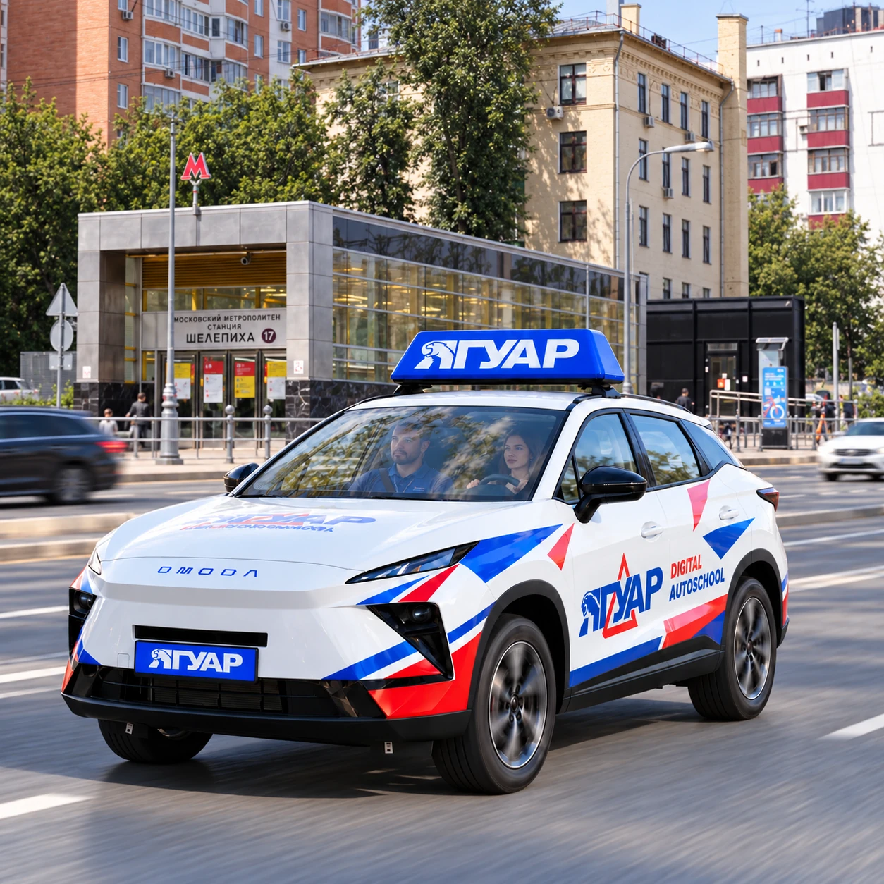 Учебный автомобиль «Ягуар» в движении рядом с метро Шелепиха