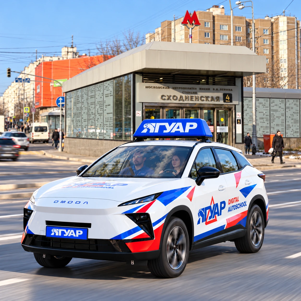 Учебный автомобиль «Ягуар» в движении рядом с метро Сходненская