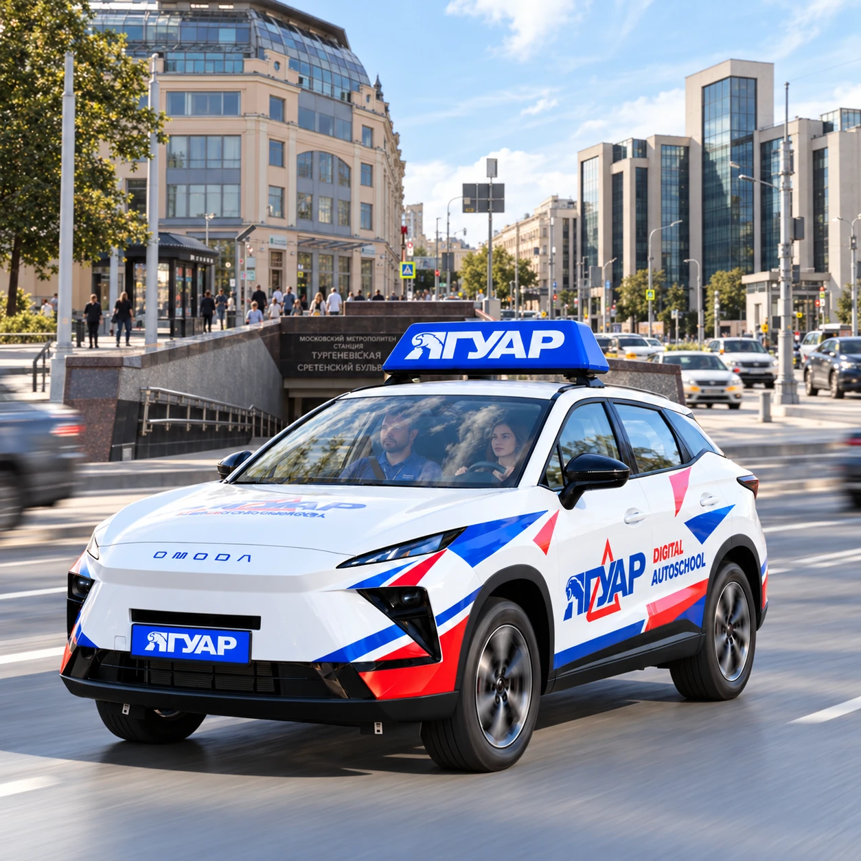 Учебный автомобиль «Ягуар» в движении рядом с метро Сретенский бульвар