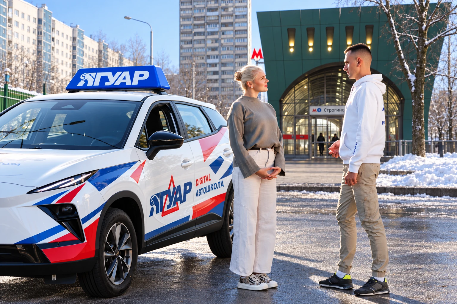 Ученица встречается с инструктором у метро Строгино