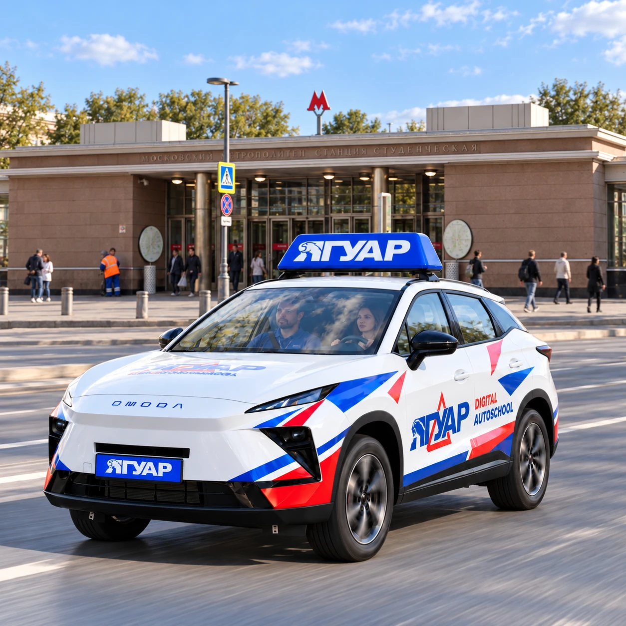 Учебный автомобиль «Ягуар» в движении рядом с метро Студенческая