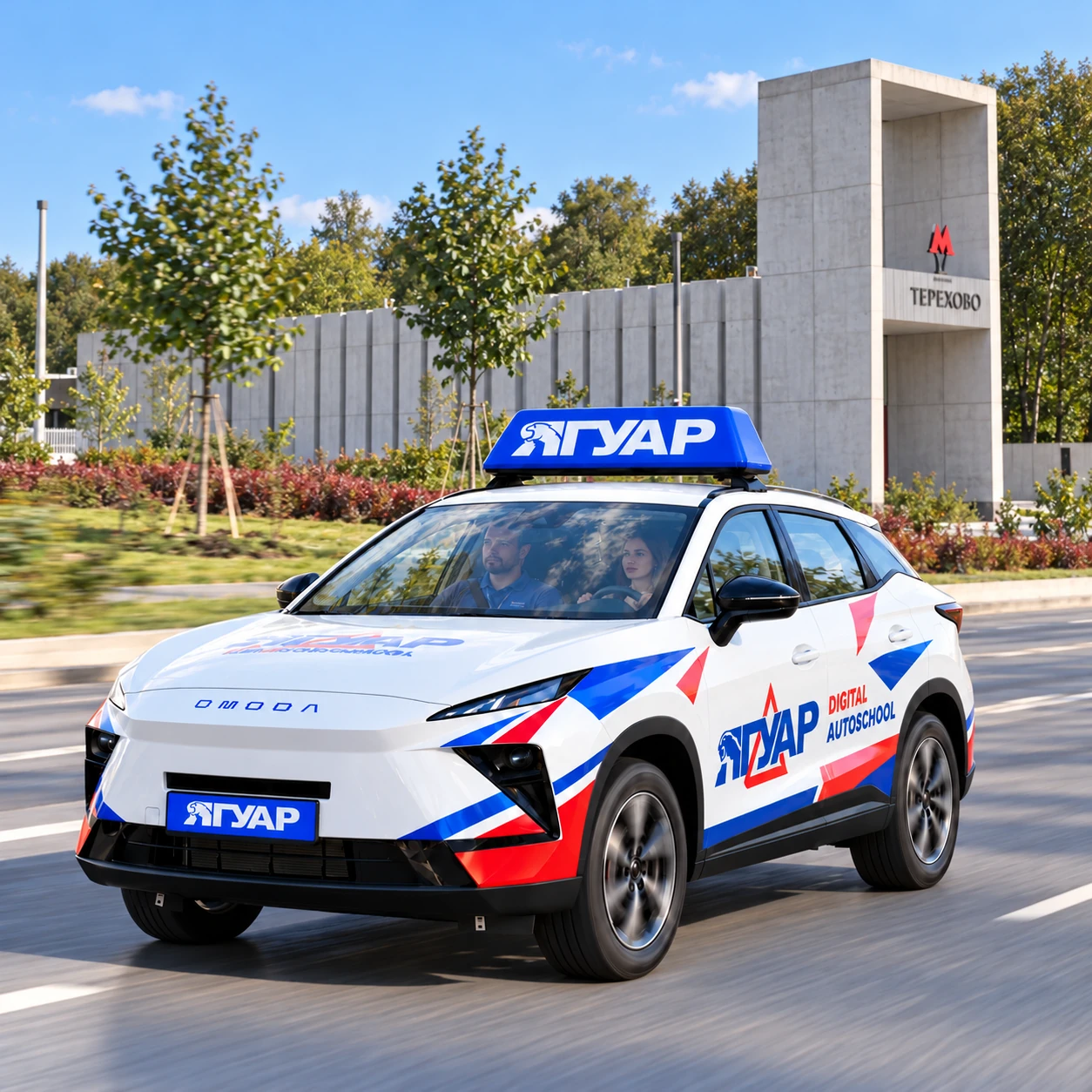 Учебный автомобиль «Ягуар» в движении рядом с метро Терехово