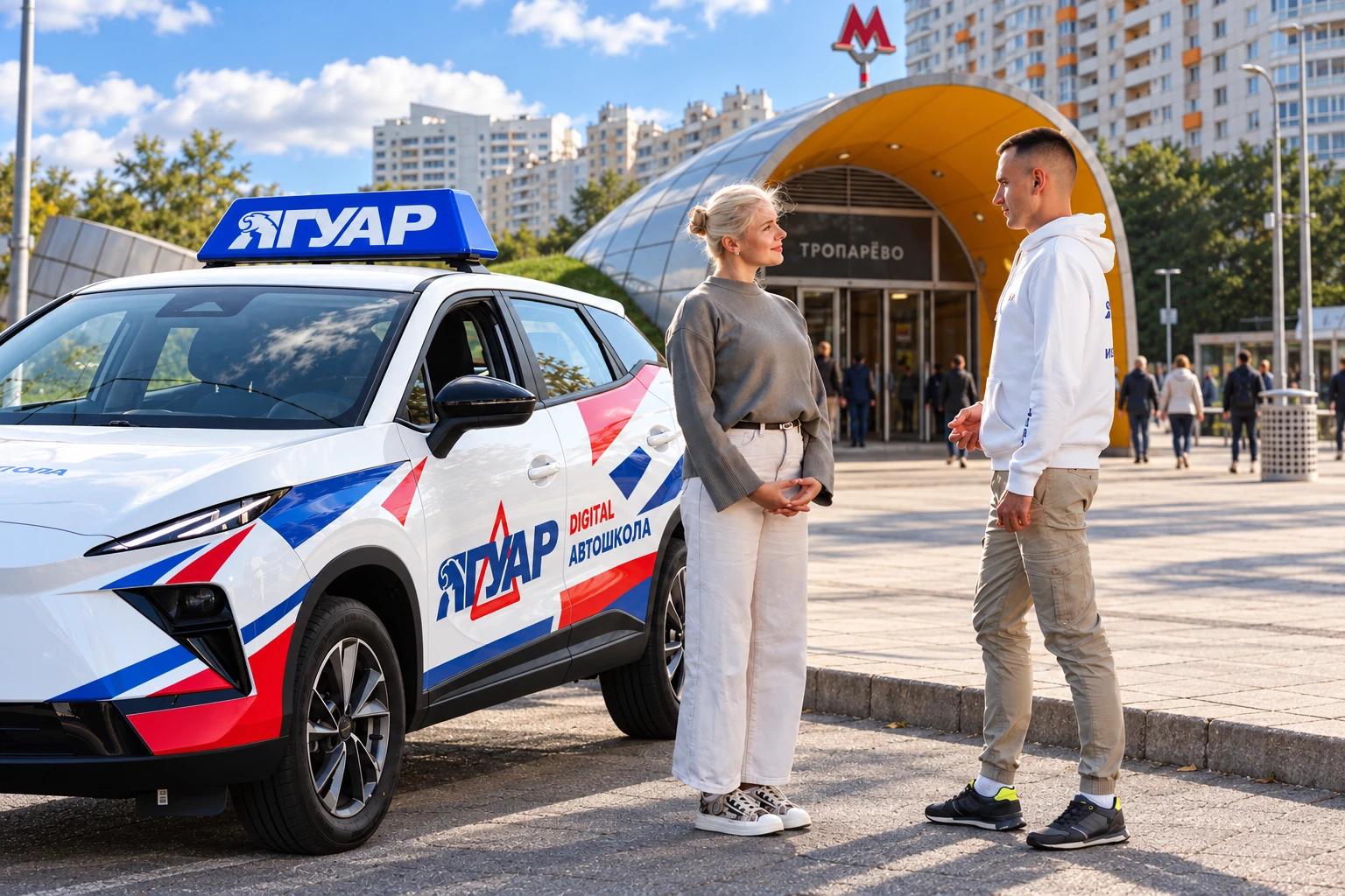 Ученица встречается с инструктором у метро Тропарево