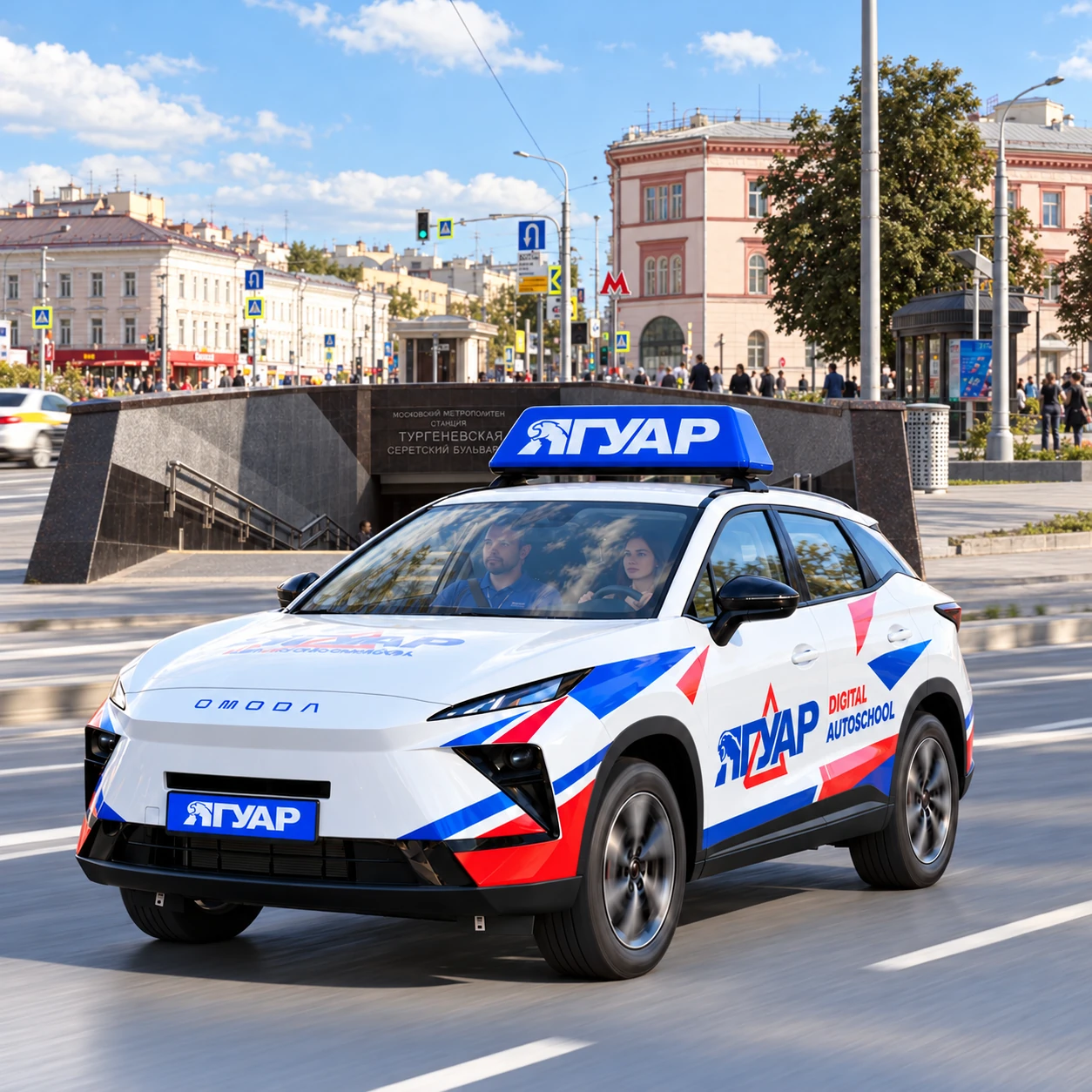 Учебный автомобиль «Ягуар» в движении рядом с метро Тургеневская