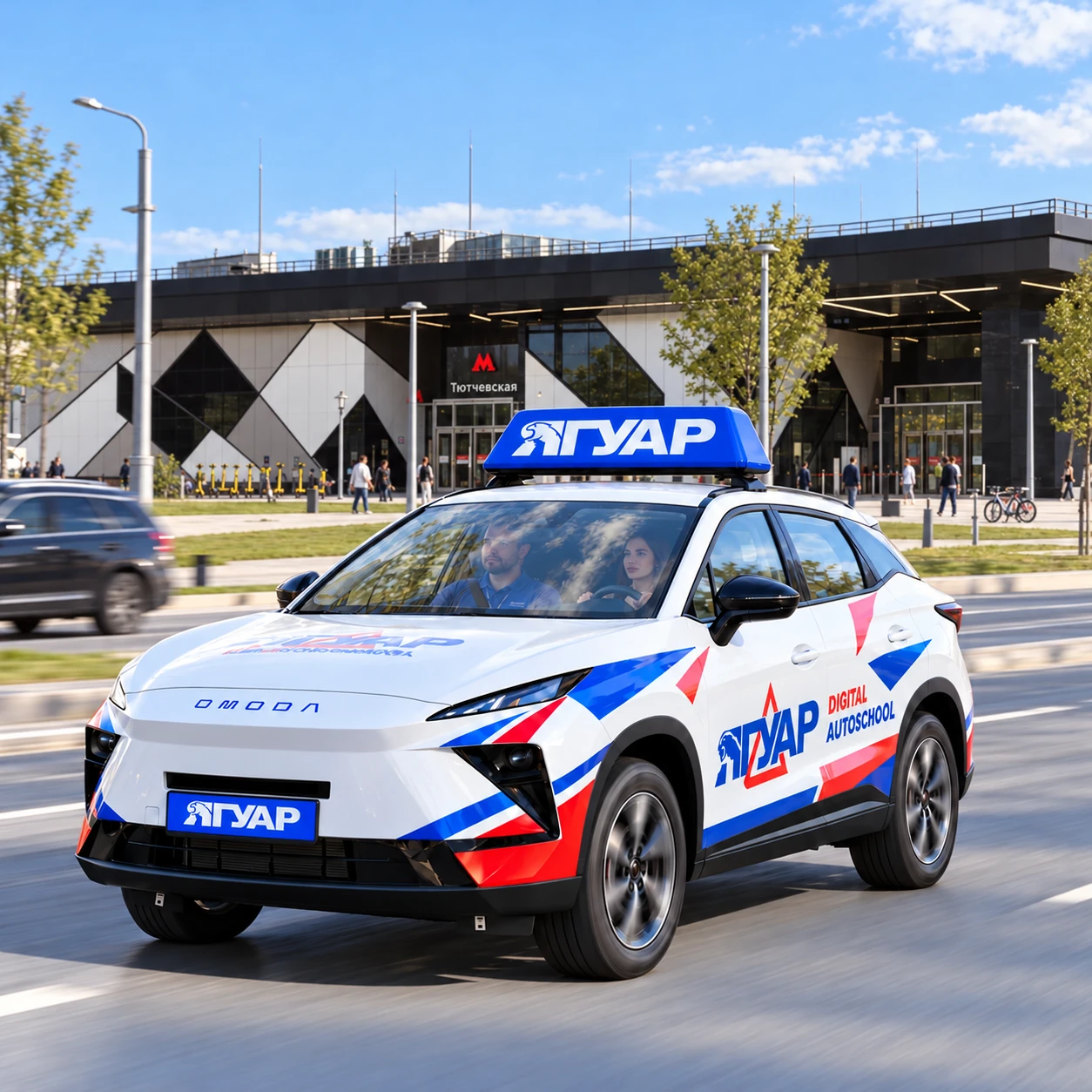 Учебный автомобиль «Ягуар» в движении рядом с метро Тютчевская