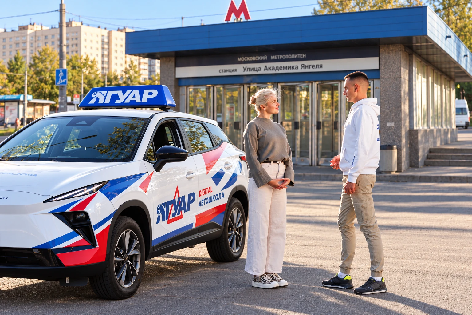 Ученица встречается с инструктором у метро Улица Академика Янгеля