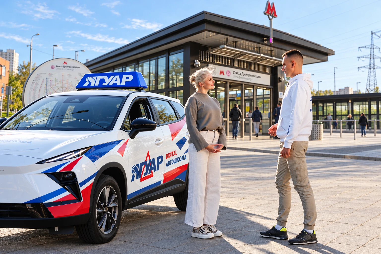 Ученица встречается с инструктором у метро Улица Дмитриевского