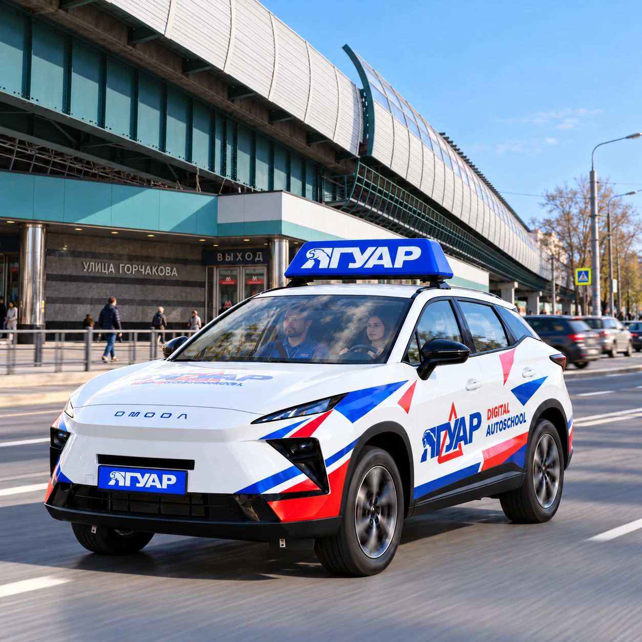 Учебный автомобиль «Ягуар» в движении рядом с метро Улица Горчакова