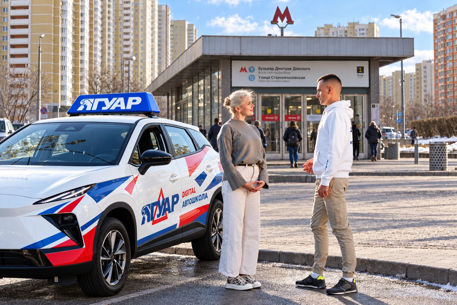 Ученица встречается с инструктором у метро Улица Старокачаловская