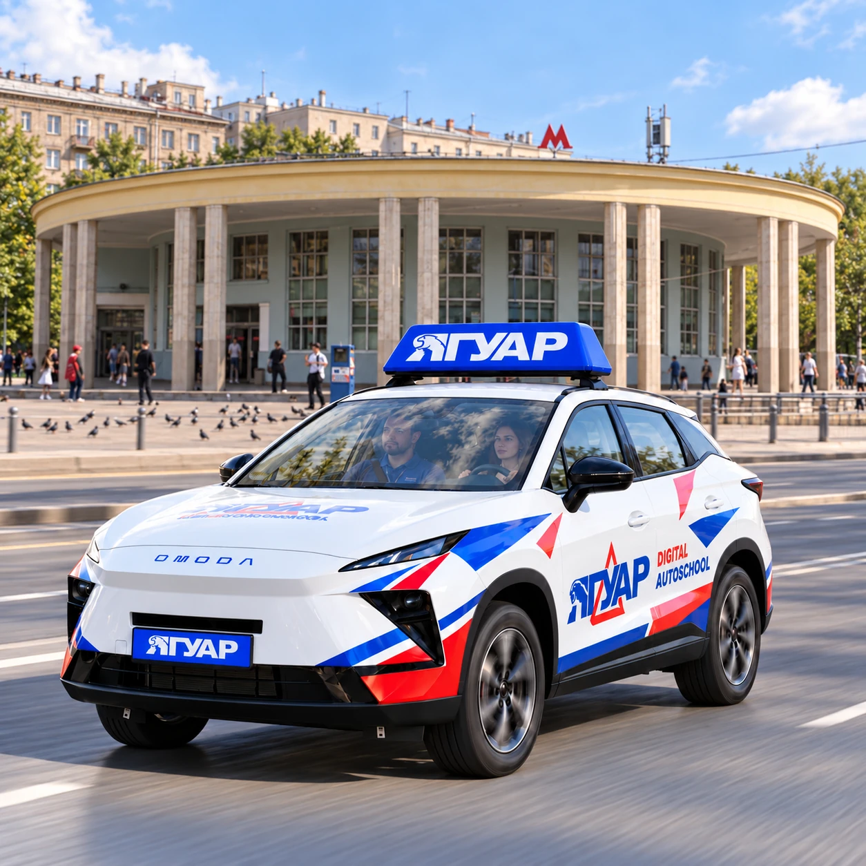 Учебный автомобиль «Ягуар» в движении рядом с метро Университет