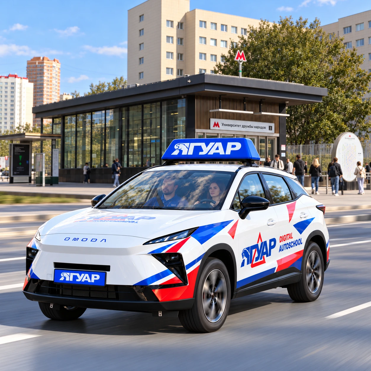 Учебный автомобиль «Ягуар» в движении рядом с метро Университет дружбы народов